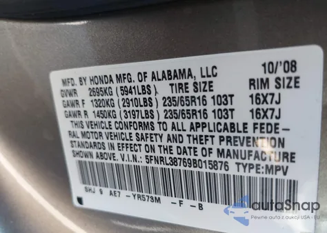 2009 Honda Odyssey Ex-L z USA, uszkodzony, nr VIN 5FNRL38769B015876